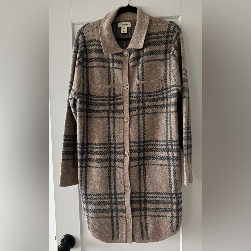 Plaid Open-Knit Crochet Midi Buttoned Cardigan